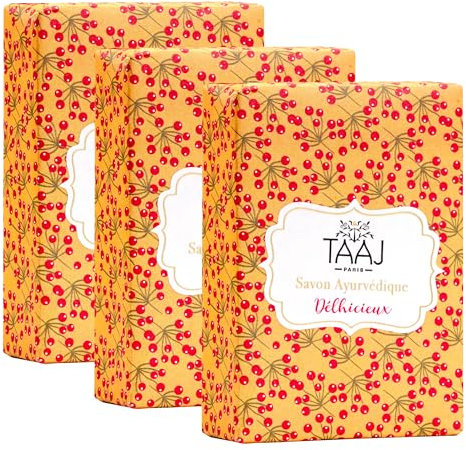 TAAJ | Ayurvedische Kohleseife | Reinigt die Haut von Giftstoffen und Unreinheiten | Erhält das natürliche Gleichgewicht der Haut | Vegan | Menge von 3x100GR