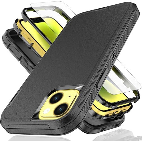 YmhxcY for iPhone 14 Plus/15 Plus Case - 6.7-Inch with Explosion-Proof Screen Protector, 3 in 1 Shockproof TPU Hard PC Bumper Drop-Proof Shell - Black