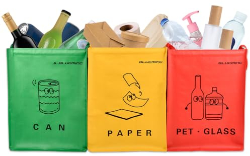 DODUOS Recycling Bags 30 * 30 * 40cm, 3 Pack Waste Separation Bags with Carry Handles, Recycling Bins for Kitchen Woven Waste Bins Bag for Kitchen Home Office, Recycling Containers for Paper, Glass