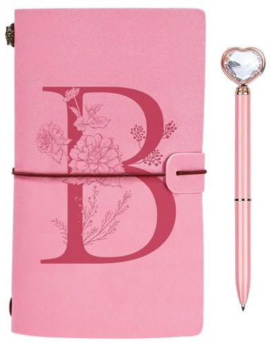 Initialen PU Leder Notizbuch mit Stift, Rosa Nachfüllbar Tagebuch für Frauen Mädchen, Reisetagebuch Skizzenbuch Notebook Geschenk für Freundin Schwestern Lehrer Abschluss Geburtstag Weihnachten B