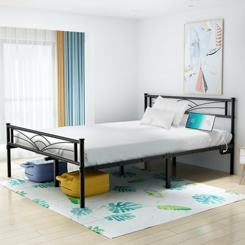 Oyajia Metallbett 140 x 200 cm mit USB-Ladefunktion, Bettrahmen mit Kopfteil Bettgestell aus Metall Gästebett mit Lattenrost für Schlafzimmer Gästezimmer Schwarz
