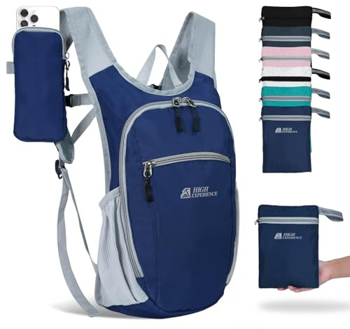 HIGH EXPERIENCE Wanderrucksack, 10 l/15 l, kleiner Tagesrucksack, leicht, verstaubar, Reisen, faltbar, wasserabweisend, für Damen und Herren, Marineblau, 10L, Faltbarer Wanderrucksack