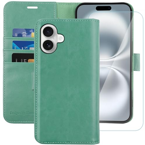 MONASAY Wallet Case for iPhone 16 Plus with 3 Card Holders - Mint | With a Kickstand, RFID Blocking, 6.6 feet of shock absorption, PU Leather, Strong Magnetic Closure, Fits 6.7 inch ONLY