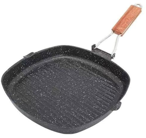 ARVALOLET Poêle à griller antiadhésive en pierre médicale + fer, poignée en bois pliable, différentes tailles, pour tous les types de cuisinières