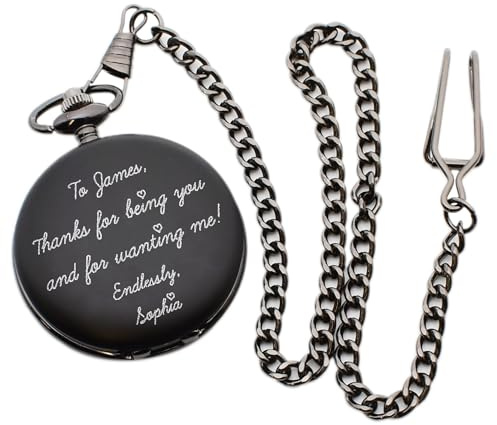 Personalised Quartz Pocket Watch with Your Own Handwriting, Matt Black Finish, Gift Boxed