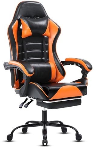 Sedia Gaming Ergonomica, Poltrona Gaming con Schienale Regolabile, Sedia da Gamer con Poggiatesta e Supporto Lombare, Sedia Gamer in Pelle Sedia Gaming con Poggiapiedi (Cuscino laterale, Arancione)