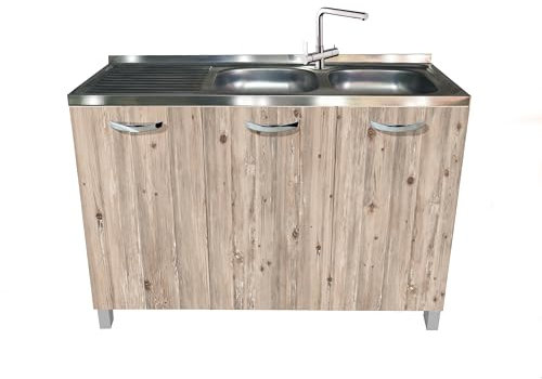 MABEL Mueble bajo fregadero de cocina con nudo organizador de madera ennoblecida con fregadero de apoyo de acero con cubetas a la derecha con escurridor – L 120 cm x P 50 cm x H 83,5 cm