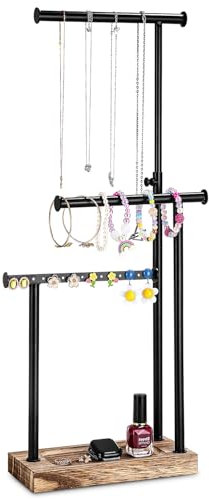 Soporte de exhibición y almacenamiento de joyas con bandeja de madera y 3 barras de alambre altura ajustable, para collares, pulseras, pendientes, anillos, relojes