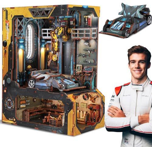 Quanquer Book Nook Kit für TeenBoy Männer_ mit Staubschutz und LED-Licht 3D hölzerne Nook Book, 3D Holz Puzzle Booknok Weihnachten Halloween Geburtstag Ideen für 14+ Jahre alt(Racing Workshop)