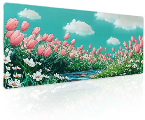 Gaming-Mauspad mit niedlichem Anime-Blumenmuster, XL, Salbeigrün, Kawaii, erweiterte große Schreibtischunterlage, rutschfeste Gummiunterseite, genähter Rand, lange Tastatur-Mauspad für PC, Computer,