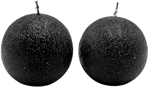 Dekohelden24 Hochwertige Handgemachte Glitterkerze, Dekokerze, Glitzerkerze, Tischkerze als Kugel - Kugelkerze im 2er Set in schwarz, Lieferumfang 2 Kerzen, Größe L/B/H: ca. 8 x 8 x 8 cm.