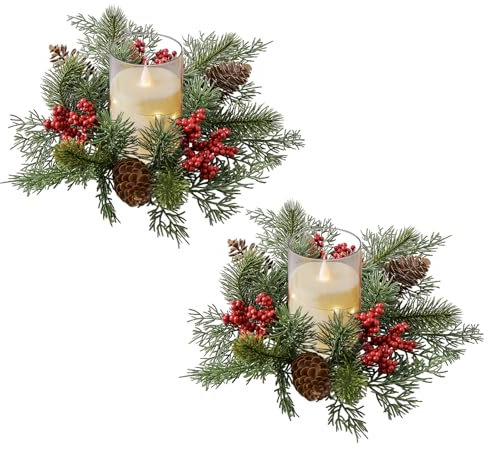 Skeadex Kerzenning Weihnachten Tischdeko, 2 Stück Kerzenkranz Weihnachten Künstliche Weihnachtskranz Kerzenning Kerzenkranz für Stabkerzen Weihnach-Ten Tannenkranz für Weihnachtendekoration Tisch