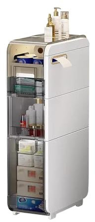 Armoire de salle de bain haute et étroite avec tiroirs transparents et roulettes, meuble de rangement vertical pour évier de bain, armoire à papier toilette en plastique fin (3 niveaux)