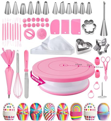 Kit Pasticceria Professionale,Kit per Decorare Torte, Strumenti per Giradischi, Piatti, Forniture Stand con Raschietti, Spatole, Sac à Poche per Dolci e Punte per Piping (Rosa)