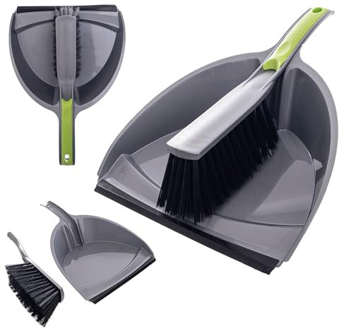 KADAX Handfeger und Schaufel mit Gummi, Kehrblech und Kehrbesen Set, Kehrschaufel mit Besen, Kehrgarnitur, Handkehrset, Kehrset (Silber/Grün)
