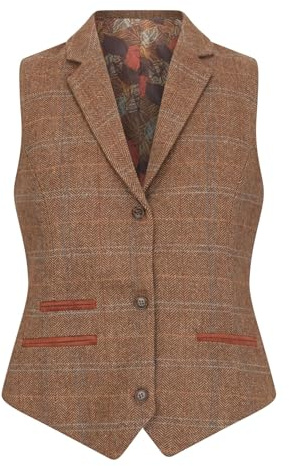 TruClothing Women's Oak Brown Wool Blend Tweed Herringbone Checkered Waistcoat - Oak 14
