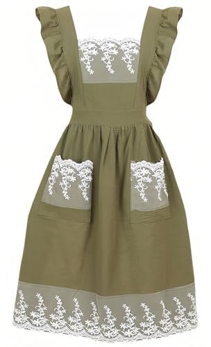 G-LIKE Damen Mädchen Vintage Schürze – Klassische Ärmellose Küchenschürze Retro Kittelschürze Baumwolle mit Spitzen Taschen Schnüren Ölbeständig Schmutzabweisend für Kochen Backen Grillen (Grün)