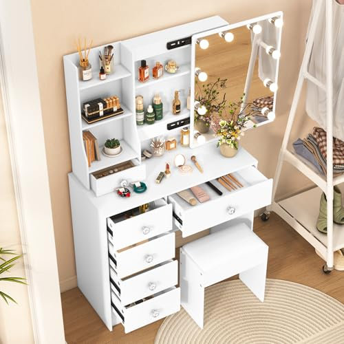 Ereousa Postazione Trucco con Sgabello e Specchio, Toilette Trucco con Luci, Luminosità regolabile, Toletta da Trucco con 6 Cassetti, 6 Ripiani, Bianco 36x80x131cm, H010639