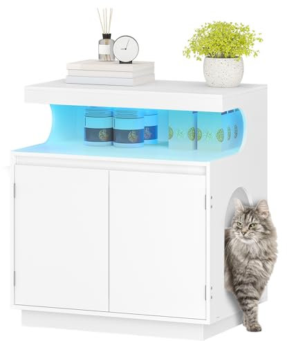 Hzuaneri Katzenschrank, Katzenklo Schrank mit Regal, Versteckte Katzentoilette für den Innenbereich mit Ferngesteuerter Lichtleiste, 68 x 48 x 74 cm, Katzenhaus für große Katzen, Weiß CB85803XEU