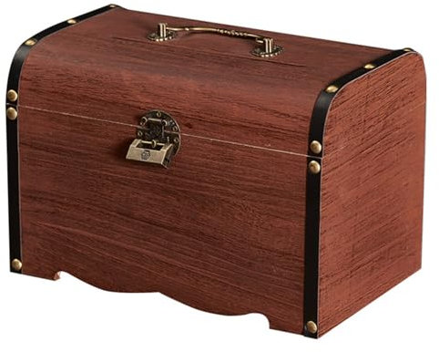 Lxoraziy Wooden Money Box with Lock – Vintage Style Solid Wood Coin Storage Chest with Handle – Retro Decorative Treasure Chest for Saving, Gifts, Keepsakes and Home Decor