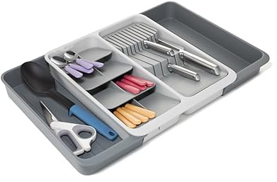Joseph Joseph DrawerStore Expanding Tiered Cutlery Tray with Knife Organiser, Expandable in Drawer Space Saving Kitchen Storage, Recycled Plastic, Gray