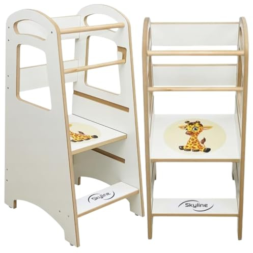 Skyline Steh und Lernturm Baby ab 1 Jahr Montessori Learning Tower Höhenverstellbar Tritthocker Kinder Indoor Möbel Kinderzimmer Trittschemel Kitchen Helper Hochstuhl (Weiß mit Giraffe)