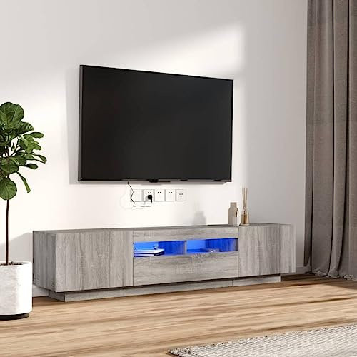 Homvdxl Wide LED TV Unit for up to 80 inch TVs, 180 cm Extra Wide TV Stand Cabinet with Led Lights & Storage, for Living Room Bedroom, 180x35x40 cm, Grey+Oak