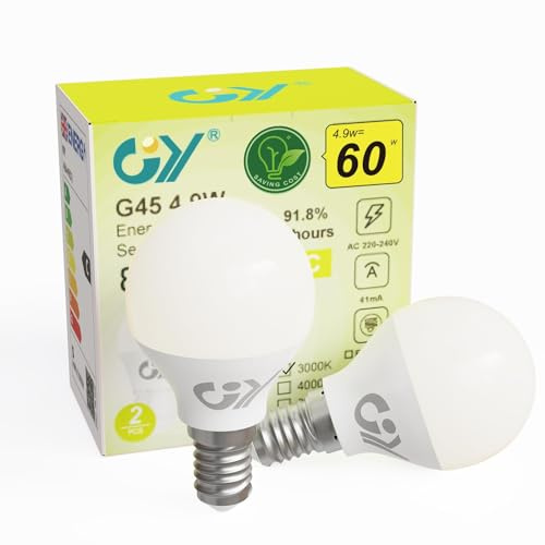 GY E14 LED Lampe 4.9W 3000K 807 Lumen Warmweiß, G45 LED Leuchtmittel, Energiesparlampe 60W Ersatz, Nicht Dimmbar, LED Birnen, Kleine Fassung, Hohe Helligkeit, Sparsam, Lange Lebensdauer, 2 Stück