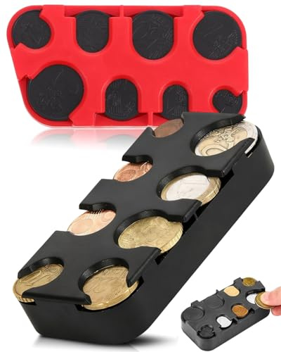 HUVZOR 2 pezzi Contenitore per monete, per monete, per auto, taxi, 8 scomparti da 2 euro a 1 centesimo (nero+Rosso)