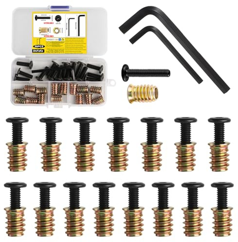 30 Pcs Tuercas de Inserción Roscadas, Insertos de Tuercas de Conexión | 15 Insertos Roscados de Madera M6 x 15 mm y 15 Tornillos para Muebles M6 x 20 mm, Tuerca Roscada con 2 Llaves