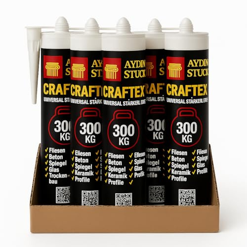 5x CRAFTEX Universal Montagekleber 300 KG – Starker Stärkekleber für Fliesen, Holz, Stein, Spiegel, PVC, Keramik und Akustik Paneele – Hochleistungs Kleber