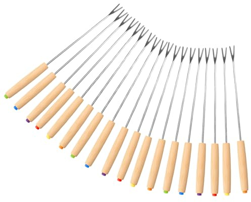 18 Pcs Fondue Forks Stainless Steel Fondue Sticks with Oak Wood Handle Heat Resistant for Chocolate Fruit Cheese Marshmallow Fountains Skewers Grill Cake Dessert Roast Meat 9.5 Inches Colored