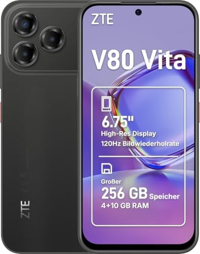 ZTE Blade V80 Vita Smartphone, 4GB+256GB, 6,75 Zoll, Mitternachtsschwarz | 50 MP Kamera, 16 MP Frontkamera, 5000 mAh, 18 W Schnellladen, IP64, NFC, AI-Taste