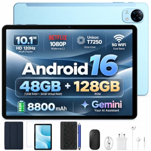 P10 Pro Tablet Android 16, Tablet 10 Pollici con Gemini AI, 120Hz, Octa-Core T7250, 48GB RAM+128GB ROM/2TB TF, 8800mAh, 13MP+5MP, Face ID/GPS/FM/Jack 3,5 mm, Tablets con Tastiera e Penna, Blu