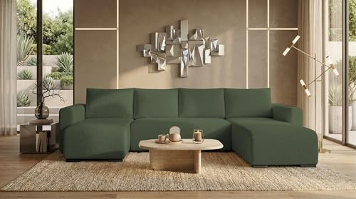 storez24 Wohnlandschaft Tally U, Couch in U-Form mit Schlaffunktion und Bettkasten, Farbe: Grün, Bouclé-Stoff
