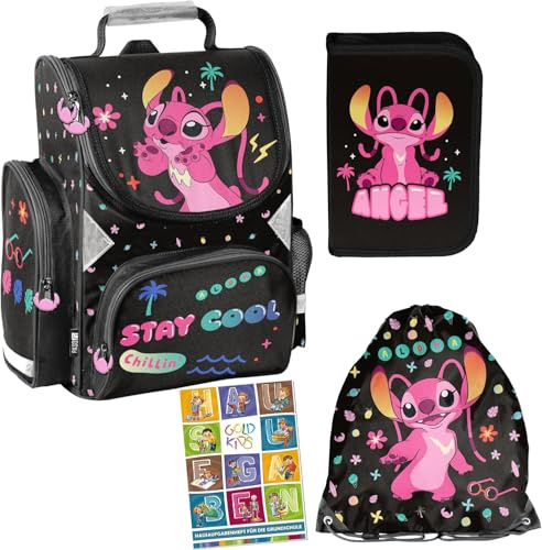 PASO - Schulranzen für Jungen und Mädchen - Schul-Rucksack für Kinder mit Federmäppchen - Schuhbeutel und Hausaufgabenheft - Lilo und Stitch Motiv - 1-3 Klasse