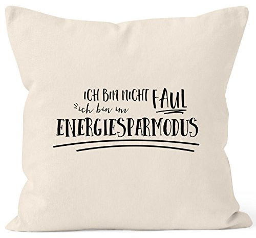 MoonWorks Cooler Kissen-Bezug mit Spruch, Ich Bin Nicht faul ich Bin im Energiesparmodus, Dekokissen, 40x40, Baumwolle, Natur Unisize