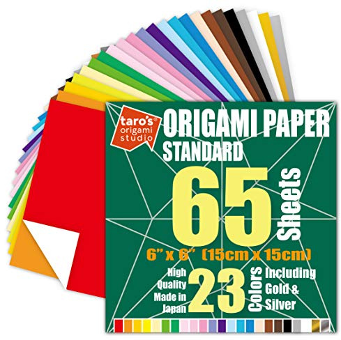 [Taro's Origami Studio] Standard 6 Inch One Sided 23 Colors 65 Sheets Square Easy Fold Premium Japanese Paper for Beginner (Gold and Silver Included)
