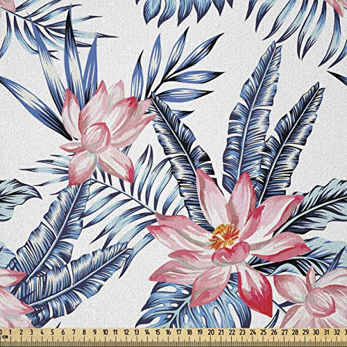 ABAKUHAUS Tropisch Microfaser Stoff als Meterware, Bananen-Palm-Lilien, Deko Basteln Polsterstoff Textilien, 2M (230x200cm), Orange Korallenrot und Blau