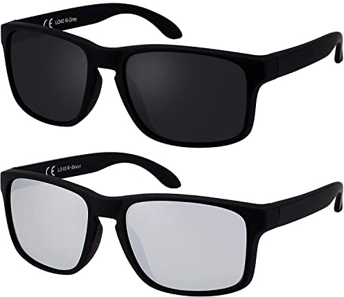 La Optica B.L.M. Sonnenbrille Herren UV400 Retro Retro - Doppelpack Set Gummiert Schwarz (1 x Grau, 1 x Silber Verspiegelt)