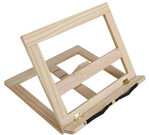 Book Stand Wooden Cookbook Holder Reading Rest with 2 Metal Page Holders, Foldable Desktop Laptop Rack for Recipe, Music Notes, Tablet PC with 4 Adjustable Heights