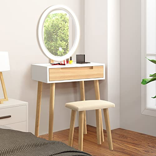 YU YUSING Schminktisch mit Beleuchtung,Frisiertisch mit LED Spiegel Schubladen, Kosmetiktisch mit gepolstertem Hocker,Kommode Make-up Tisch,Modern