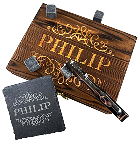 Personalised Whisky Stones Gift Set | Whiskey Gift Sets For Men | Granite Ice Cubes | Slate Coasters | Fathers Day Whisky Gift | Whiskey Stones