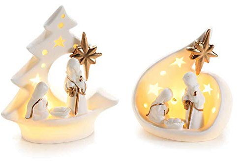Presepe tondo o a forma di albero in ceramica bianca e dettagli color oro con luci led handmade made in italy idea regalo natale decorazione casa feste natalizie