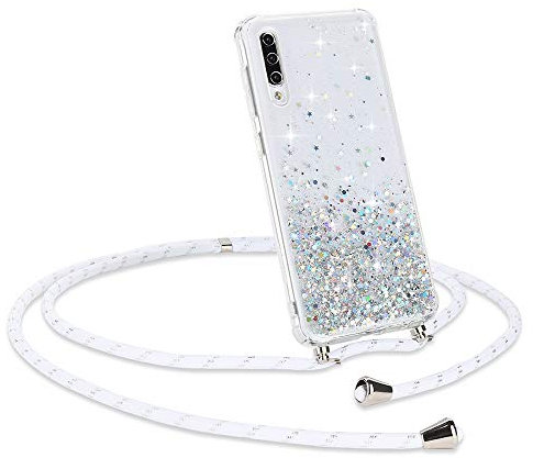 Pepmune für Samsung Galaxy A50 Glitzer Handykette Handyhülle mit Kordel Umhängenhülle Durchsichtig Hülle mit Band Transparent Silikon Hülle Case Schutzhülle für Samsung Galaxy A50