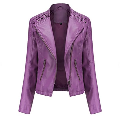 Onsoyours Femme Veste en Cuir PU Bombers Aviateur Moto Blouson Femme Simili Cuir Biker Zippé Chaud Casual A Violet L