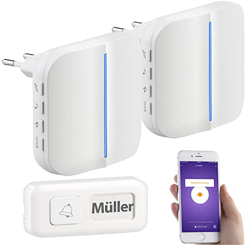 Somikon WLAN Türklingel: 2 WLAN-Steckdosen-Empfänger, kinetischer Klingelknopf, App, 100m, 80dB (Batterielose Funk Türklingel, Optische Klingel, Türklingelverstärker)