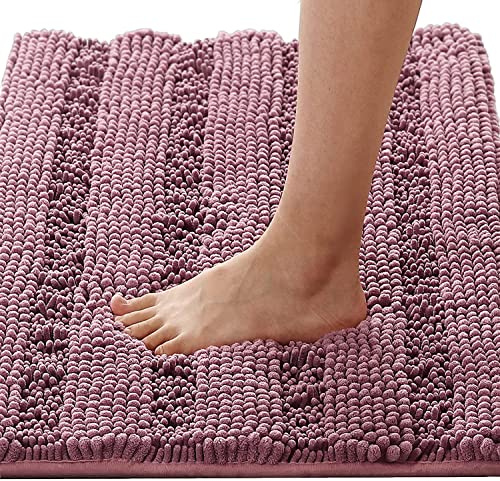 LINFKY Badematte rutschfest Luxus Chenille Gestreifte Badezimmerteppich Extra weiche und saugfähige Mikrofaser Hochflor Teppiche Schnelltrocknende Badvorleger Waschbar (Mauve,60 x 90 cm)