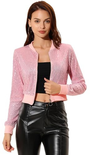 Allegra K Femme Paillette Pétillant Ouvert Avant Cardigan Manteau Fermeture Recadrée Bomber Veste Rose S