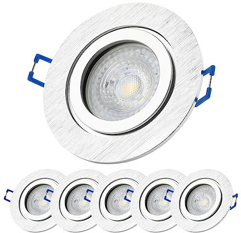 Sweet Led Einbaustrahler Bad Dimmbar,IP44 Aluminium Ø84mm,Feuchtraum Einbauleuchte,Badezimmer,Rund alu,inkl.GU10 7W Warmweiß 530Lm 3000k Warmweiß,Klickverschluß,Einbaurahmen,Einbauspot (Silber, 6er)